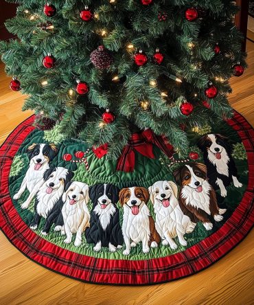 Puppy Pals Christmas Quilted Tree Skirt — Charming Puppy Pair Holiday Skirt, Soft Quilting, Easy-Care For Family & Pet Homes