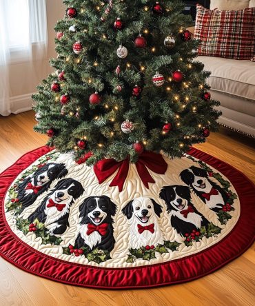 Puppy Parade Quilted Christmas Tree Skirt — Adorable Puppy-Themed Holiday Tree Skirt, Soft, Stylish & Easy-Care For Family Homes