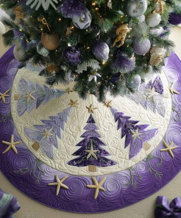 Purple Frosty Pines Village Quilted Tree Skirt — Vibrant Purple Holiday Scene, Cozy Quilting, Charming Village Christmas Accent