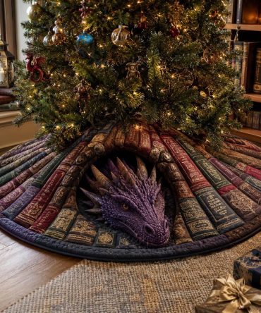 Purple Library Dragon Quilted Christmas Tree Skirt - Regal Festive Skirt, Machine-Washable Cotton, Statement Holiday Décor