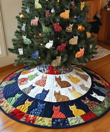 Purrfect Christmas Quilted Tree Skirt — Classic Cat Holiday Design, Luxury Quilting, 48-Inch Round, Soft Backing & Machine Washable
