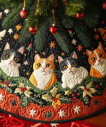 Purrfect Holiday Spirit Quilted Tree Skirt — Adorable Cat-Themed Quilted Christmas Tree Skirt, Festive Gift For Cat Owners