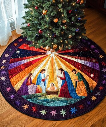 Radiant Nativity Quilted Christmas Tree Skirt – Inspirational Nativity Scene Decoration, Premium Quilting For Homes
