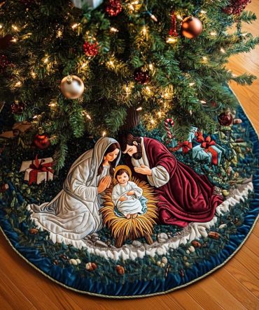 Radiant Souls Quilted Christmas Tree Skirt - Luminous Holiday Tree Skirt, Festive Quilting, Soft Backing, Machine Washable