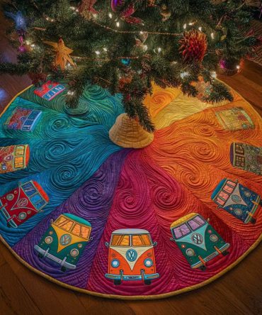 Colorful Rainbow Camper Quilted Tree Skirt - Soft Quilted Fabric, Easy-Care Holiday Accent, Ideal Gift & Tree Base Cover