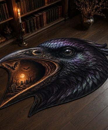 Raven Portal Gothic Rug — Custom Shaped Raven-Themed Area Rug For Dark Décor & Halloween, Plush Non-Slip Floor Accent For Foyer Or Living Room