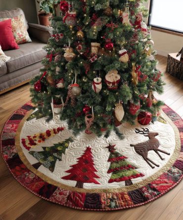 Red Cabin Quilted Christmas Tree Skirt - 60In Rustic Cabin Holiday Skirt, Cozy Plaid & Cabin Décor Accent