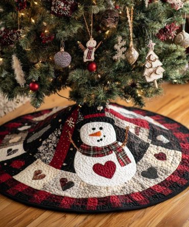 Red Scarf Snowman Quilted Tree Skirt — Festive Snowman Holiday Décor, Bright Red Accents, Soft Quilting For Charming Seasonal Display