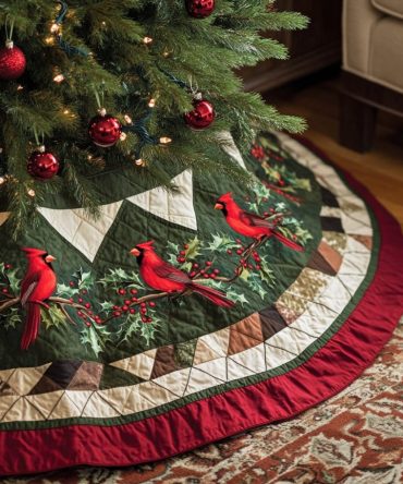 Redbird Quilted Christmas Tree Skirt — Vibrant Redbird Design For Holiday Decorating, Soft Quilted Holiday Base