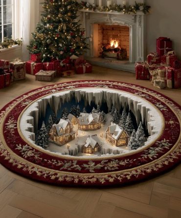 Regal Christmas Village Round Rug — Luxurious Festive Area Rug With Vintage Holiday Scene , Soft Plush, Non-Slip Backing, Easy Care