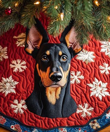 Regal Doberman Companion Quilted Christmas Tree Skirt - Sophisticated Dog Portrait, Quilted Holiday Floor Mat For Stylish Pet Owners