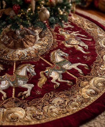 Regal Merry-Go-Round Quilted Christmas Tree Skirt — Ornate Carousel Pattern & Luxe Quilting, Statement Holiday Centerpiece — Perfect Holiday Gift