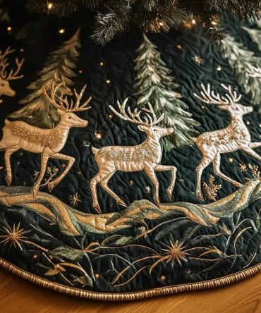 Reindeer Journey Quilted Holiday Tree Skirt — Scenic Nordic Reindeer Design Plush Base Cover For Festive Christmas Decor & Gifts