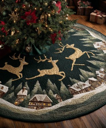 Elegant Quilted Christmas Tree Skirt — Reindeer Light Motif, Festive Holiday Centerpiece, Durable Stitching & Soft Backing