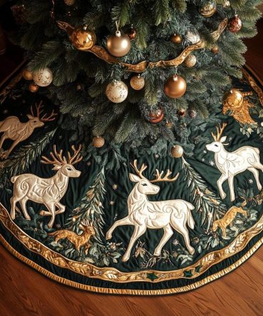 Reindeer Magic Quilted Christmas Tree Skirt — Festive Reindeer Motif Quilted Skirt To Elevate Holiday Decor & Conceal Tree Stand
