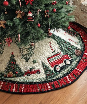Reindeer Retreat Quilted Tree Skirt – Charming Antler & Woodland Holiday Skirt 48-Inch Round , Cozy Reversible Christmas Base
