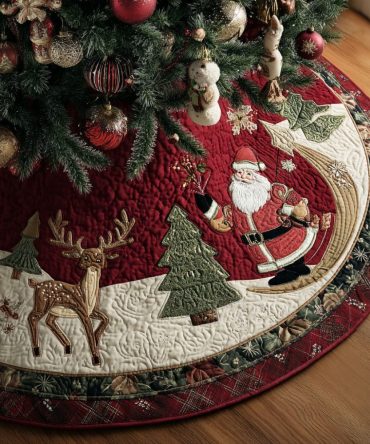Reindeer Reunion Quilted Christmas Tree Skirt - 60In Festive Deer Design, Cozy Holiday Living Room Accent