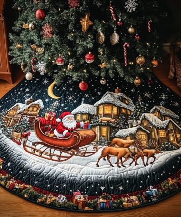 Reindeer Ride Quilted Christmas Tree Skirt — Vintage Reindeer Holiday Design, Festive Quilted Tree Skirt To Complete Seasonal Decorations