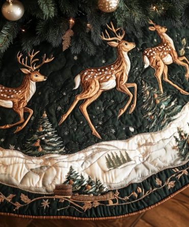Reindeer Run Quilted Holiday Tree Skirt — Playful Running Reindeer Design With Plush Quilting For Charming Seasonal Décor