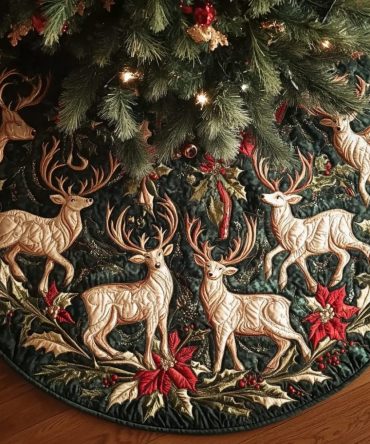 Reindeer Whispers Quilted Holiday Tree Skirt — Elegant Reindeer Silhouette Plush Base Cover For Christmas Mantels & Tree Displays