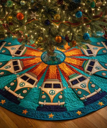 Retro Camper Starburst Quilted Tree Skirt - Soft Quilted Fabric, Easy-Care Holiday Accent, Ideal Gift & Tree Base Cover