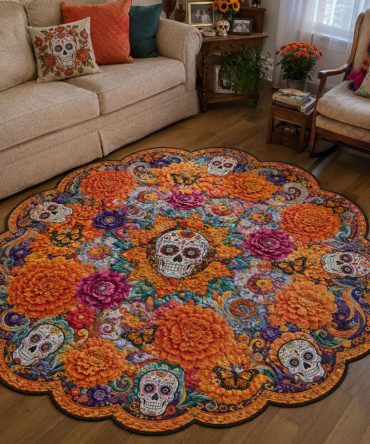 Rhythm Of Remembrance Artistic Custom Rug — Colorful Calavera & Floral Motifs, Durable Low-Pile, Anti-Slip Backing For Home