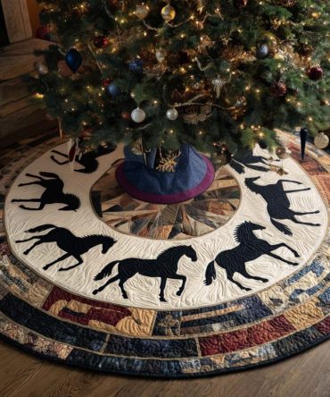 Riding Holiday Quilted Christmas Tree Skirt - Equestrian Holiday Theme, Warm Cotton, Easy Tie Closure, 48In
