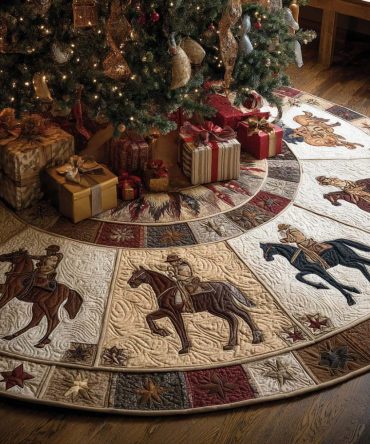 Riding Round-Up Quilted Tree Skirt - Classic Cowboy Roundup Theme, Festive Holiday Floor Cover, 48In Diameter