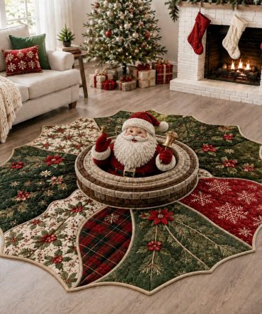 Ringing Santa Shaped Area Rug — Lively Santa Claus With Bell Holiday Floor Mat, Plush Pile, Non-Slip Backing & Easy Machine Care