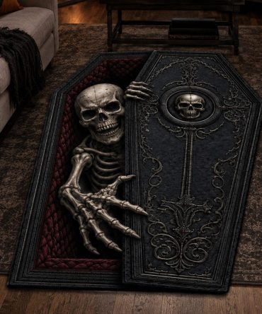 Rising Skeleton Coffin Rug — Dramatic Custom-Shaped Halloween Floor Mat For Haunted House, Gothic Décor & Party Scenes