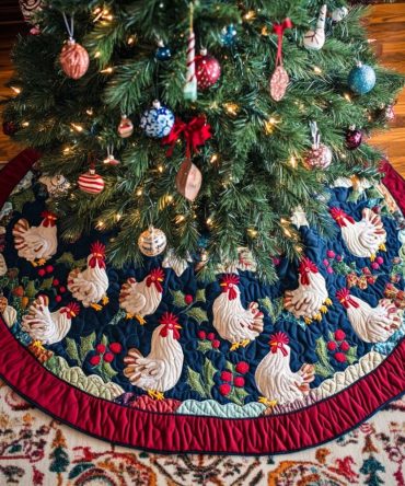Country Rooster Quilted Christmas Tree Skirt, Handcrafted Patchwork Look, Cozy Cotton Blend, Rustic Holiday Accent, Fits Most Trees, Perfect For Living Room Or Cottage