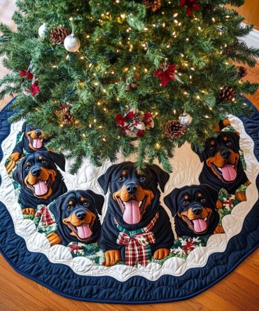 Rottweiler Christmas Charm Quilted Tree Skirt — Decorative Holiday Tree Mat With Charming Rottweiler Design, Plush Backing & Easy Care