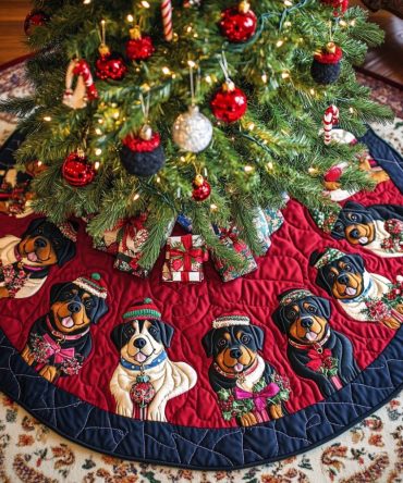 Rottweiler Christmas Joy Quilted Tree Skirt — Vibrant Rottweiler Holiday Tree Mat With Soft Quilting, Protective & Gift-Ready Decor