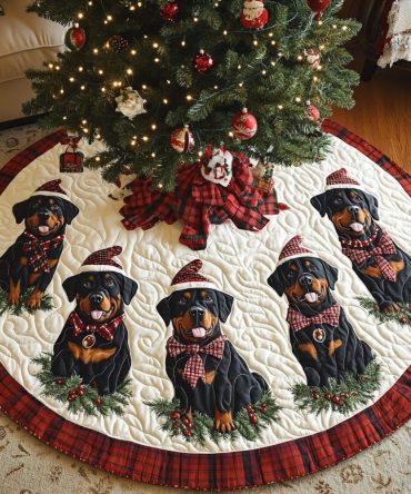 Rottweiler Holiday Cheer Quilted Tree Skirt — Cozy Rottie Christmas Accent, Stitched Detail, Easy-Care & Perfect Dog Lover Gift