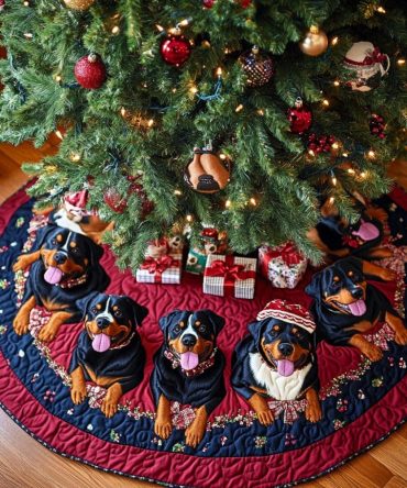 Rottweiler Joy Quilted Christmas Tree Skirt — Joyful Dog-Themed Holiday Accent, Plush Quilting & Ready-To-Gift Packaging