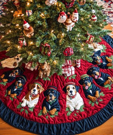 Rottweiler Noel Night Quilted Tree Skirt — Stylish Nighttime Noel Design With Rottweiler Accent, Cozy Quilting & Easy Holiday Setup