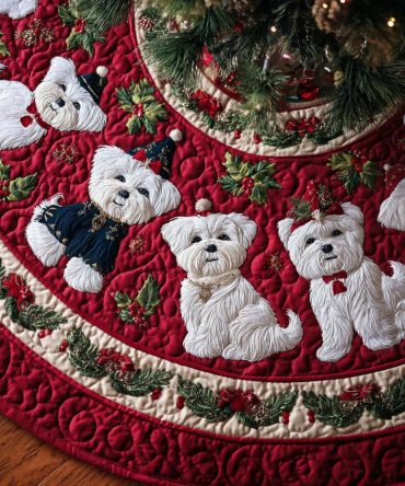 Royal Red Quilted Maltese Christmas Tree Skirt — Elegant Pet-Lover Holiday Décor, Rich Color, Soft Quilting Finish