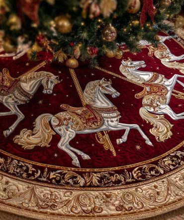 Ruby Carousel Horse Quilted Christmas Tree Skirt — Vintage Carousel Horse Design With Rich Ruby Tones, Heirloom-Style Holiday Accent — Perfect Holiday Gift