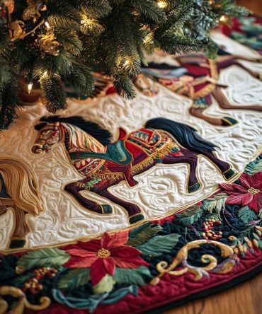 Ruby Carousel Quilted Christmas Tree Skirt — Vintage Merry-Go-Round Design, Rich Red Palette, Festive Centerpiece For Holiday Rooms