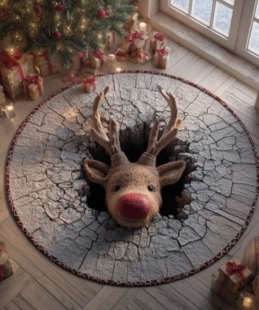 Rudolph Surprise Holiday Rug — Playful Reindeer Motif 48In Round Plush Mat With Thick Pile & Non-Slip Backing For Cozy Decor