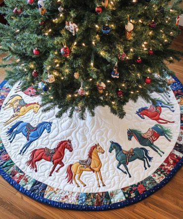 Running Free Quilted Horse Christmas Tree Skirt — Rustic Holiday Base, Soft Padding, Durable Cotton Blend, Great Gift For Equestrians