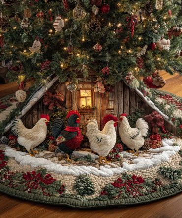 Rustic Roosters Quilted Christmas Tree Skirt — Country Farmhouse Holiday Tree Base Cover With Charming Rooster Panels & Durable Quilted Fabric