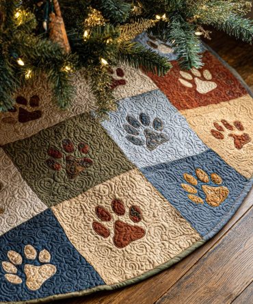 Rustic Paws Quilted Tree Skirt - Farmhouse-Style Paw Print Holiday Tree Skirt For Rustic, Cabin & Country Home Decor