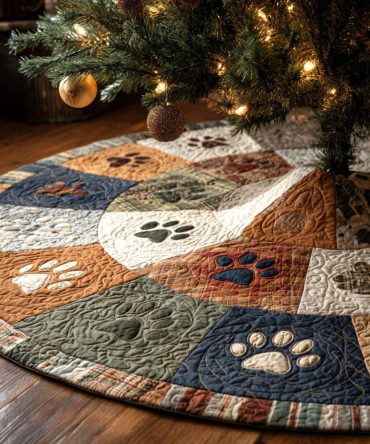 Rustic Paws Quilted Christmas Tree Skirt — Pet-Lover Holiday Skirt With Paw Print Accents, Sturdy & Decorative