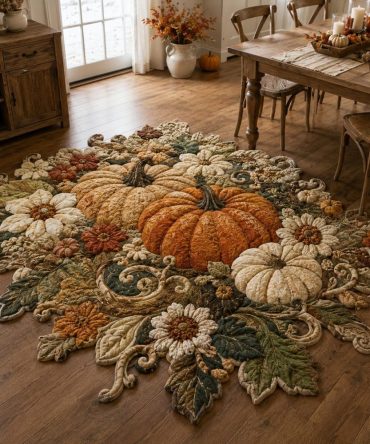 Rustic Pumpkin Blossom Country-Style Custom-Shaped Area Rug — Cozy Fall Accent Rug, Neutral Tones, Durable Low-Pile, Non-Slip Option, Multiple Sizes