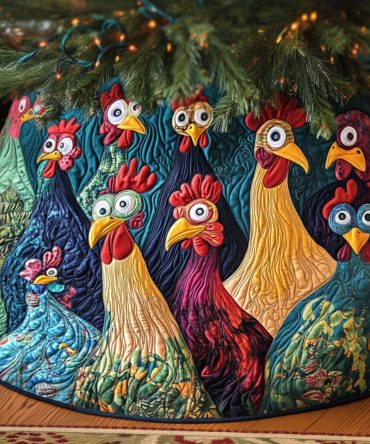 Rustic Rooster Quilted Tree Skirt — Country Rooster Motif Christmas Tree Skirt, Quilted Farmhouse Holiday Accent