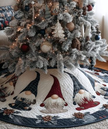 Rustic Snow Gnomes Quilted Christmas Tree Skirt - Cozy Country Holiday Base Cover With Handcrafted Gnome Motifs