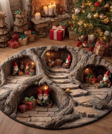 Rustic Wood Round Area Rug — Gnome Hollow Accent Carpet For Cozy Living Rooms & Nurseries, Plush Texture, Non-Skid, Durable Holiday Mat