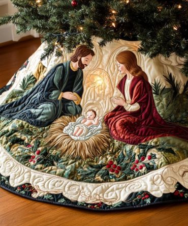 Sacred Birth Quilted Tree Skirt — Reverent Nativity Christmas Base Cover, Plush Quilting, Elegant Religious Holiday Accent & Keepsake
