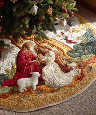 Sacred Family Quilted Tree Skirt — Heartfelt Nativity-Inspired Design, Quilted Christmas Tree Skirt For Warm Holiday Décor